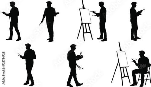 Silhouette painter artist holding palette brush, painting on easel canvas, creative art activity, drawing illustration, artistic hobby lifestyle concept