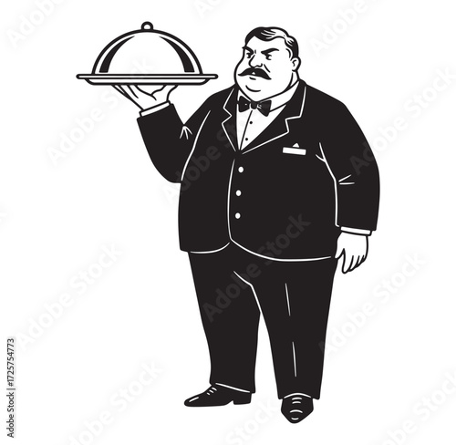 Illustration of a dignified waiter in formal attire holding a silver food tray
