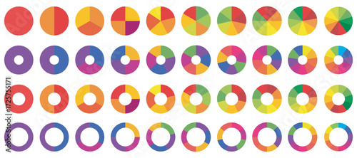 Circle pie chart diagram. Pie chart set. Colorful diagram collection with sections or steps. 1,2,3,4,56,7,8,9,10, segment infographic. Wheel round diagram part symbol. Vector illustration
