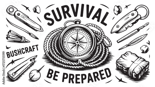 Survival kit compass rope knife bushcraft tools representing preparedness and adventure