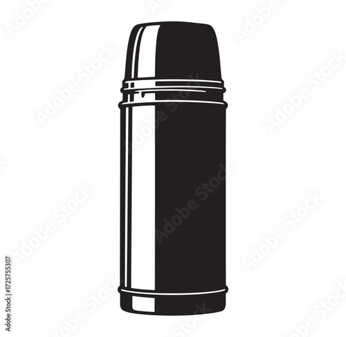 Simple black and white illustration of a classic thermos bottle ready for travels