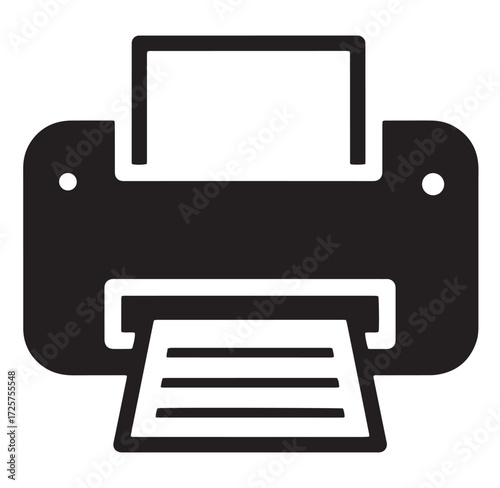 Simple black and white printer icon depicting office equipment and technology for design