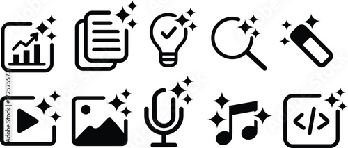 Artificial intelligence icon collection. AI generate buttons photo, video, audio, coding and more for app and website. Transparent vector illustration PNG.	