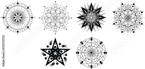 Geometric and celestial symbol illustrations—mandala, starburst, compass, molecular, abstract styles—vector artwork, symmetry, design, mysticism, elegance, pattern