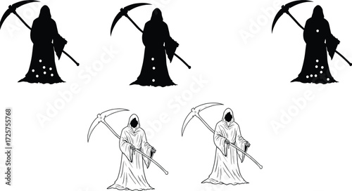 Grim Reaper silhouettes and shaded variants, scythe-wielding death figures, black and white vector illustration, horror, mythology, character design, Halloween theme