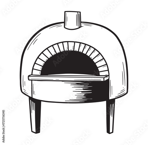 Vintage hand drawn illustration of a traditional stone pizza oven cooking restaurant equipment