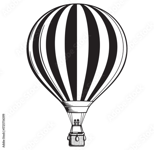 Vintage style black and white vector illustration of a classic hot air balloon