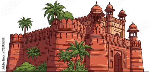 Historic red sandstone fort with domed towers, arched gateways, Mughal architecture, palm trees, cultural heritage, symmetrical design, vector illustration, travel, landmark