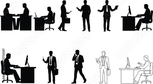 Silhouette, business, professional, office, worker, corporate, meeting, teamwork, communication, presentation, computer, phone, posture, activity, body, pose, action, job, task, career, success