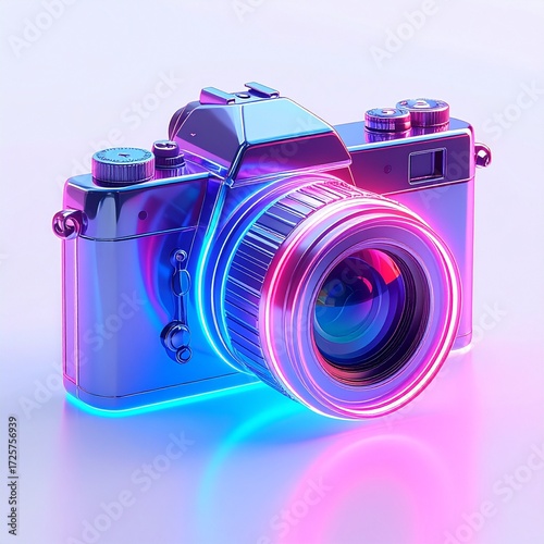 Retro camera with neon lighting, close-up on a white background, 3D rendering
