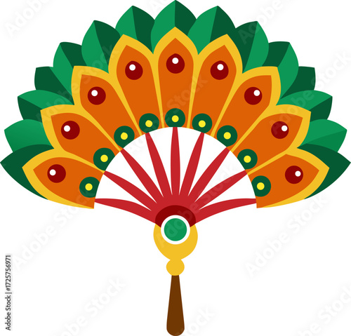Colorful Peacock Feather Fan with Folk Motif Handle Vector Illustration, Minimal Line Drawing of Decorative Hand Fan, Hand Drawn Ethnic Feather Fan Outline, Cultural Festival Accessory Line Art Vector