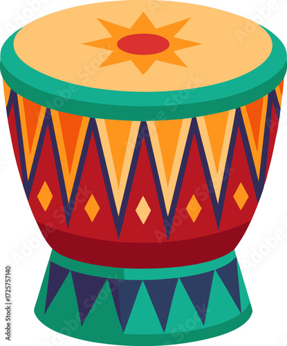 Colorful Tribal Drum Decorated with Geometric Motifs Vector Illustration, Minimal Line Drawing of Ethnic Drum, Hand Drawn Festival Percussion Instrument Outline, Cultural Music Instrument Line Art