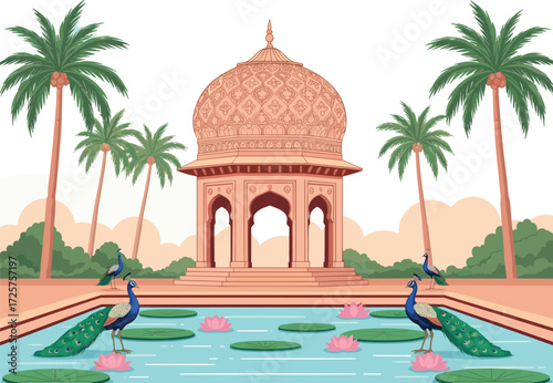 Lotus pond pavilion illustration—peacocks, palm trees, Mughal dome, serene garden—Indian architecture vector artwork, nature, heritage, elegance, culture, design