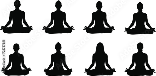 Meditation silhouette illustrations—cross-legged pose, mindfulness, yoga styles—vector artwork, inner peace, wellness, calm, spiritual design, symmetry, balance
