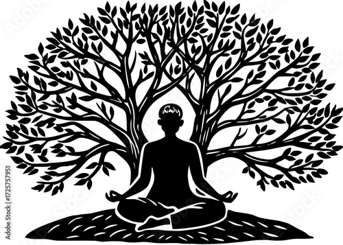 Person Meditating Under Tree Silhouette, Calm Mind SVG, PNG