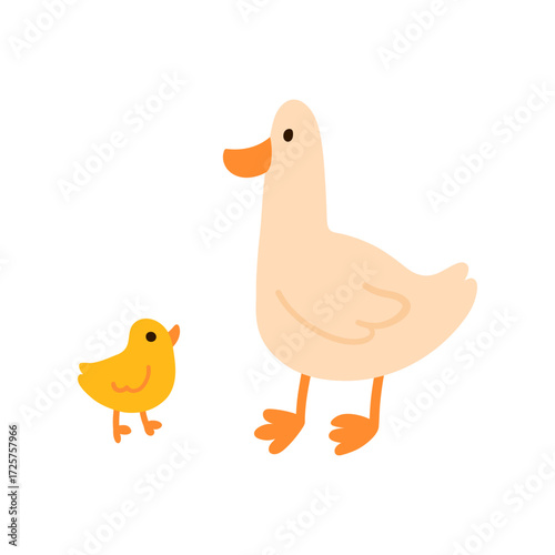 Mother duck standing with duckling simple flat illustration isolated on white. Domestic birds with orange beaks and legs. Great for kids content, nursery prints, farm and animal themes