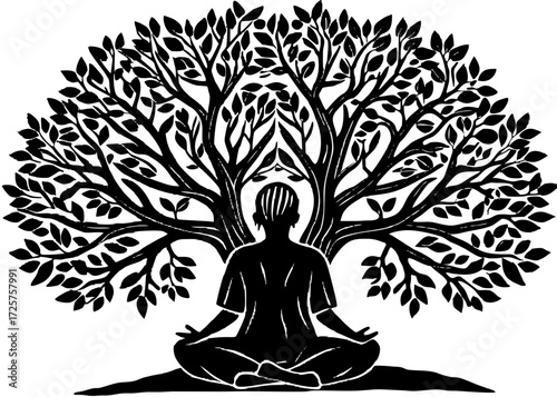 Person Meditating Under Tree Silhouette, Calm Mind SVG, PNG