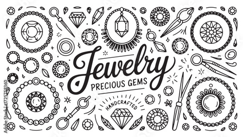 Handcrafted jewelry design elements featuring precious gems diamonds necklaces and tools representin