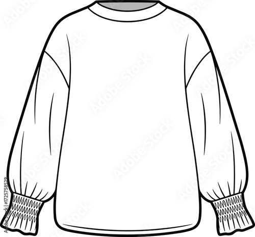 Line drawing of long sleeve pullover top with crew neckline, smocked cuffs, dropped shoulders, fashion sketch, garment design illustration