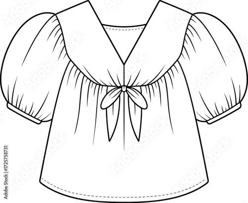 Line drawing of puff sleeve blouse with sailor collar, bow detail, vintage fashion sketch, garment design, stylish clothing illustration