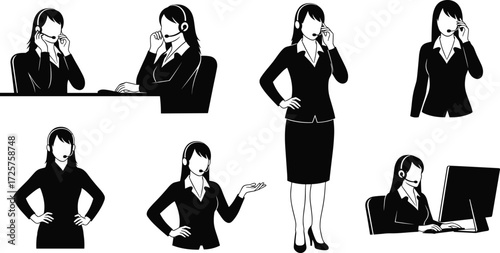 Silhouette, female, business, professional, office, worker, employee, manager, corporate, meeting, desk, headset, customer, service, call, center, posture, activity, body, pose, action