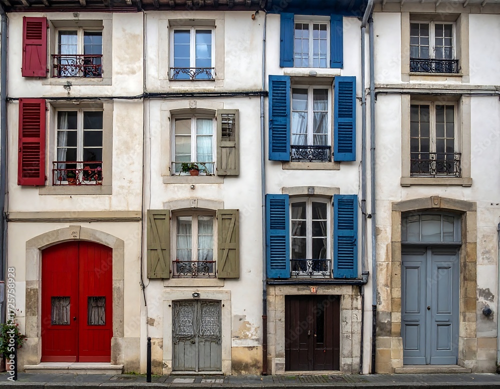 Fototapeta premium Row of aged buildings with colorful shutters and doors