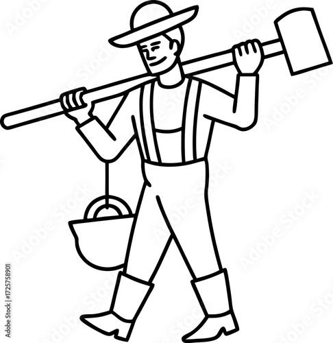 Line Art of Farmer Carrying Plough on Shoulder Isolated Vector Illustration, Minimal Line Drawing of Traditional Farmer with Plough, Hand Drawn Agriculture Worker Outline, Rural Farming Vector Line 