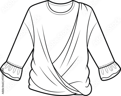 Line drawing of women’s blouse with round neckline, ruffled sleeves, wrap front, ruched sides, garment sketch, fashion design illustration