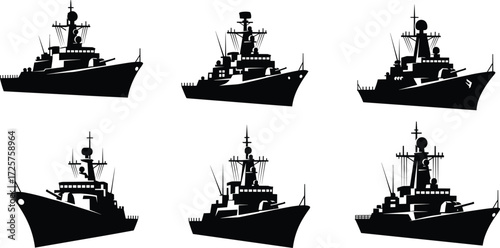 Naval warship silhouettes, military vessel illustrations with radar and weapon systems, black and white vector artwork, maritime defense, combat, fleet design