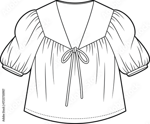 Technical fashion drawing of puff sleeve blouse with sailor collar, bow tie, garment design sketch, stylish clothing, vintage apparel illustration