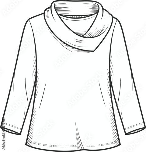 Women's cowl neck long sleeve top flat sketch, fashion technical drawing, cozy casual blouse illustration for apparel design and garment template