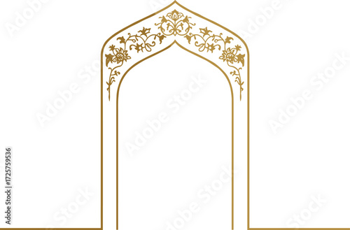 Ornate Islamic archway with gold floral and vine patterns, symmetrical design, traditional architecture, cultural elegance, heritage motif, vector illustration, decorative