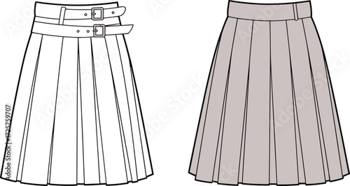 Blank pleated skirt front and back view, fashion flat sketch, vector illustration template for apparel design, women clothing, casual wear mockup