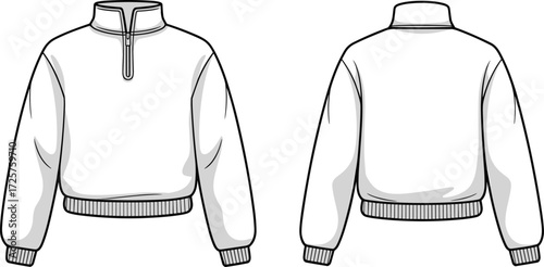 Blank white pullover sweatshirt, front and back view, half zip collar, ribbed cuffs and hem, fashion apparel mockup design template