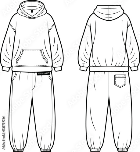 Cozy hoodie and sweatpants fashion illustration, front and back view, casual loungewear outfit design template for unisex streetwear style