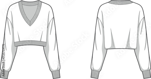 Fashion flat sketch of cropped V neck sweater with ribbed cuffs and hem, women pullover design, technical drawing, apparel template
