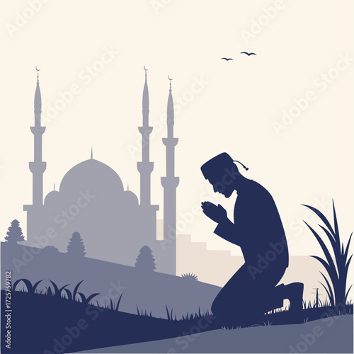 Man Praying Silhouette with City Mosque Skyline and Crescent Moon Background – Islamic Worship Vector Illustration, Muslim Man Praying Silhouette with Mosque Skyline, Islamic Worship Silhouette 