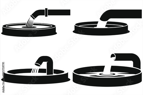 Water Reservoir Inlet Illustration - Water Intake Structure, Engineering Drawing, Black and White Vector, Water Supply System, Hydraulic Design