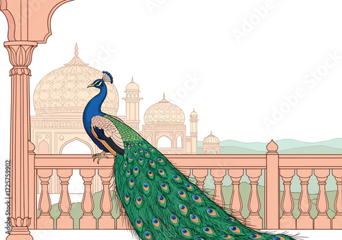 Peacock on balcony with domed Mughal buildings, pastel architecture, decorative archway, cultural elegance, nature and heritage, vector illustration, travel, artistic design
