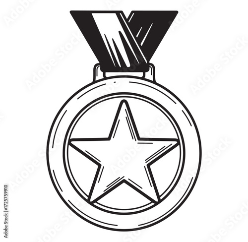 Black and white detailed illustration of a star medal awarding achievement and excellence