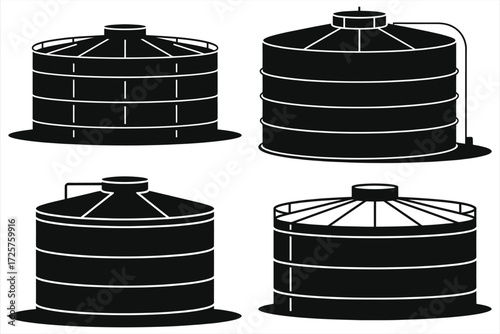 Water Tank Vector Icons Set: Black Silhouettes of Cylindrical Storage Containers, Industrial Reservoirs for Liquid Holding, Agriculture, Rainwater Harvesting - High-Quality Graphics for Engineering 
