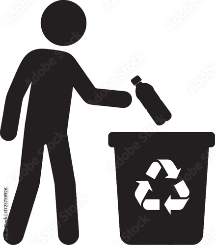 Person silhouetted throwing plastic bottle into recycle bin with recycling symbol