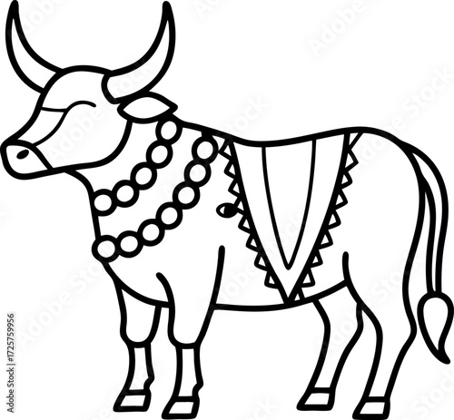 Minimal line art of decorated bull in harvest festival isolated vector, Traditional festival animal illustration, Folk cultural celebration artwork, Rural harvest scene line drawing vector