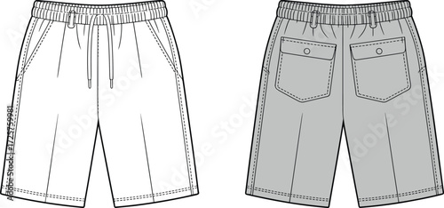 Men shorts fashion flat sketch front and back view, vector template design with pockets, drawstring waistband, casual summer clothing illustration