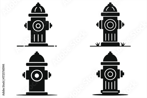 Fire hydrant icon set, flat vector silhouettes black monochrome urban emergency safety symbols, municipal water supply infrastructure pictograms isolated design elements for apps, maps, signage, print
