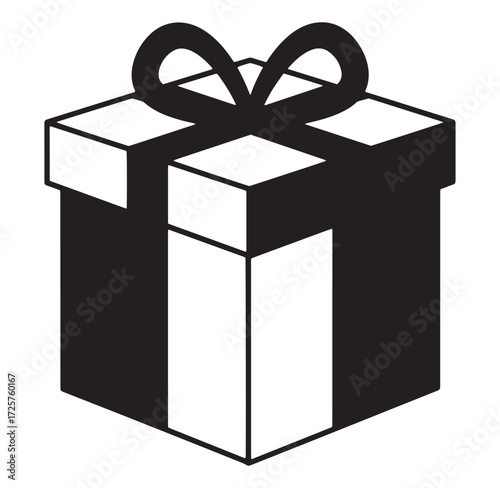 Black and white illustration of a wrapped gift box with a decorative bow on top