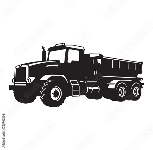Black and white silhouette illustration of a heavy duty construction dump truck