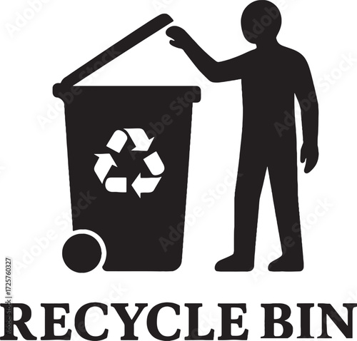 Person silhouette depositing trash into recycle bin with lid open and recycling symbol