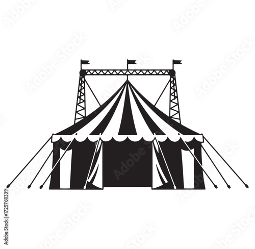 Black and white silhouette of a circus tent with flags for entertainment and fun