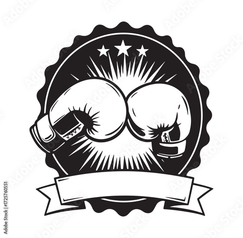 Boxing club logo illustration with boxing gloves stars burst and ribbon banner